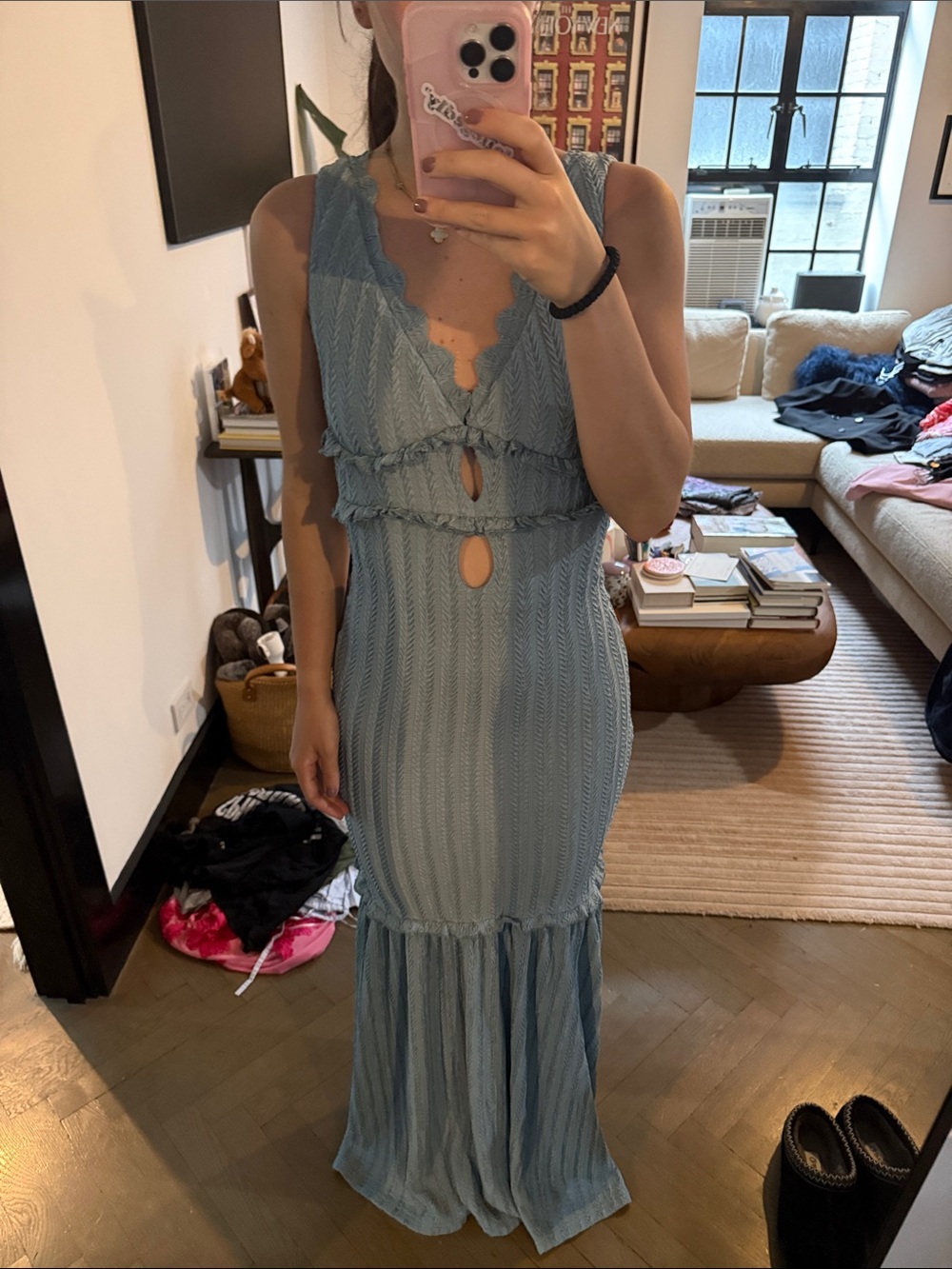 Commense Light Blue Sleeveless Knit Maxi Dress with Cutouts